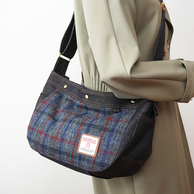 Harris tweed复古报童包上班通勤斜挎包拼接牛仔布大容量邮差包