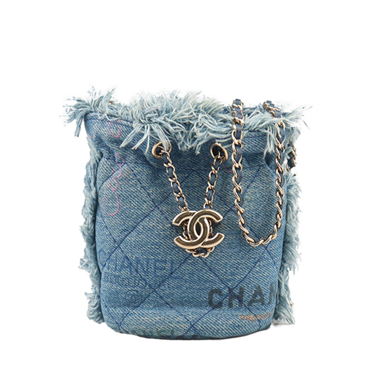 「8.5新」CHANEL(香奈儿)迷你链条涂鸦水桶包蓝色丹宁迷你斜挎包