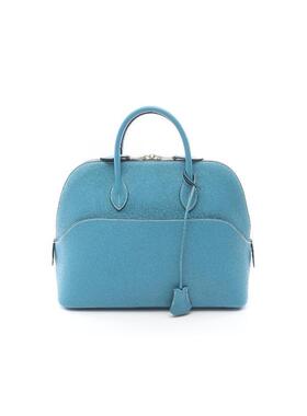 中古Hermes爱马仕女包B级9新Bolide 1923保龄球包牛皮手提包蓝色