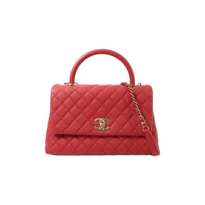 中古Chanel香奈儿女包A级95新 Coco Handle牛皮斜挎包红色