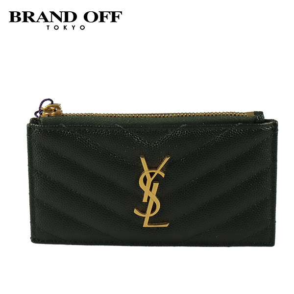 「9.0新」SAINT LAURENT(圣罗兰) 拉链卡包墨绿色粒面牛皮卡包