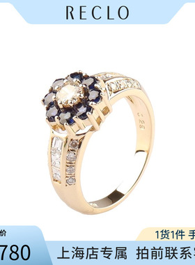 中古「95新」日本进口商品花形8颗蓝宝石钻石K18黄金49号戒指时尚