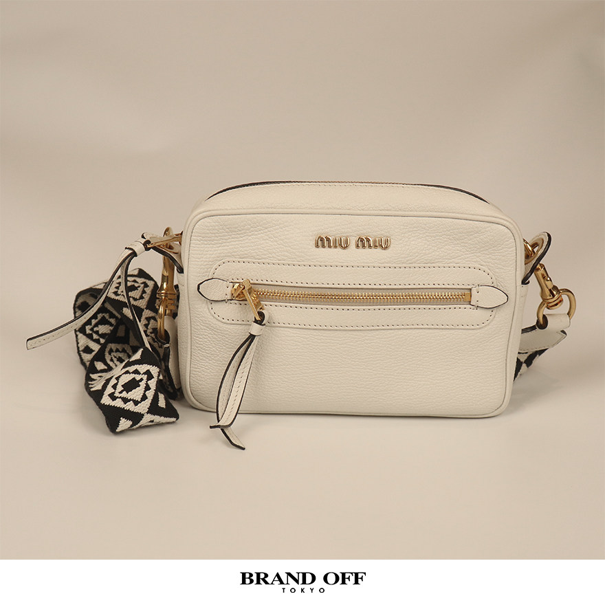 「9.0新」MIUMIU(缪缪)MADRAS 宽肩带相机包白色山羊皮斜挎包
