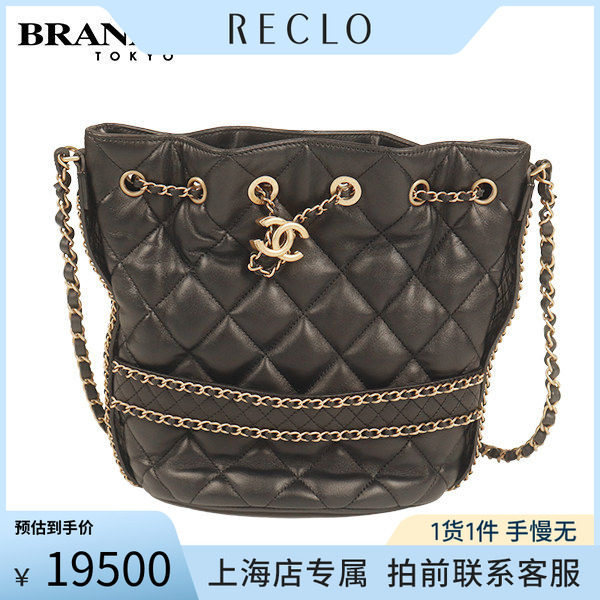 「9.0新」CHANEL(香奈儿)菱格链条抽绳水桶黑色羊皮斜挎包AS2252