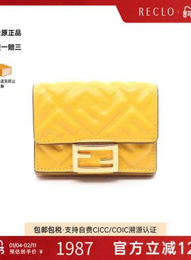 中古Fendi芬迪女B级9新trifold wallet三折钱包牛皮短钱包黄色