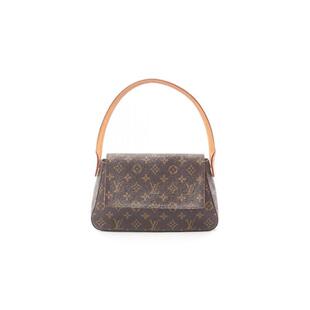 中古LV路易威登女包B级9新mini Looping迷你名媛包帆布手提包棕色