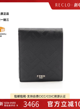 中古Fendi芬迪男S级99新bi-fold双折牛皮短钱包黑色