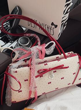 甜美蝴蝶结腋下小包包女2025新款潮时尚波点帆布包小众单肩手提包