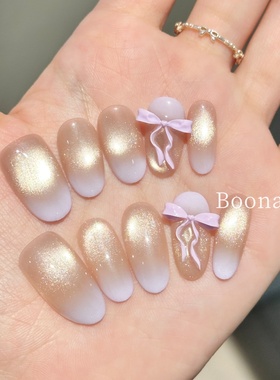 Boo芋泥冰~纯手工穿戴甲紫色蝴蝶结纯欲风玻璃珠猫眼显白美甲短款