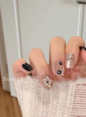 Boo月光繁花~纯手工穿戴甲黑色小花猫眼简约高级感显手白美甲短款