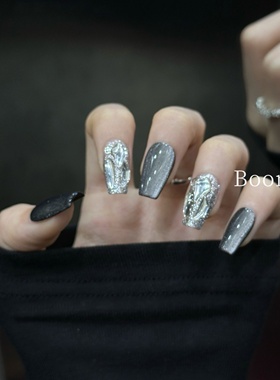 Boo黑夜~黑色猫眼手工穿戴甲轻奢简约小众高级感碎钻爆闪美甲短梯