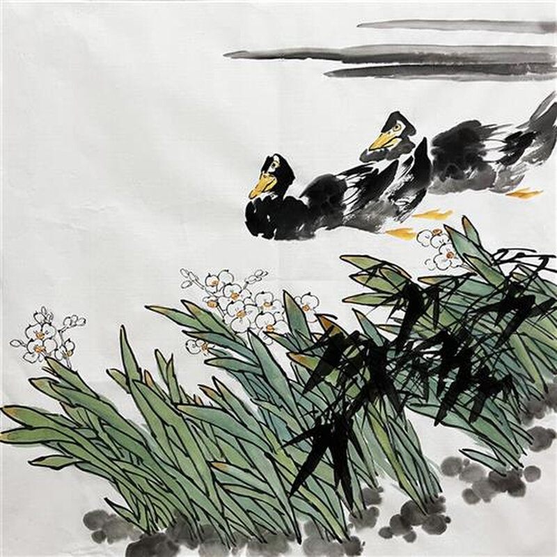 鸭子水仙花写意花鸟画4045四尺斗方国画中式玄关装饰无款宣纸画芯