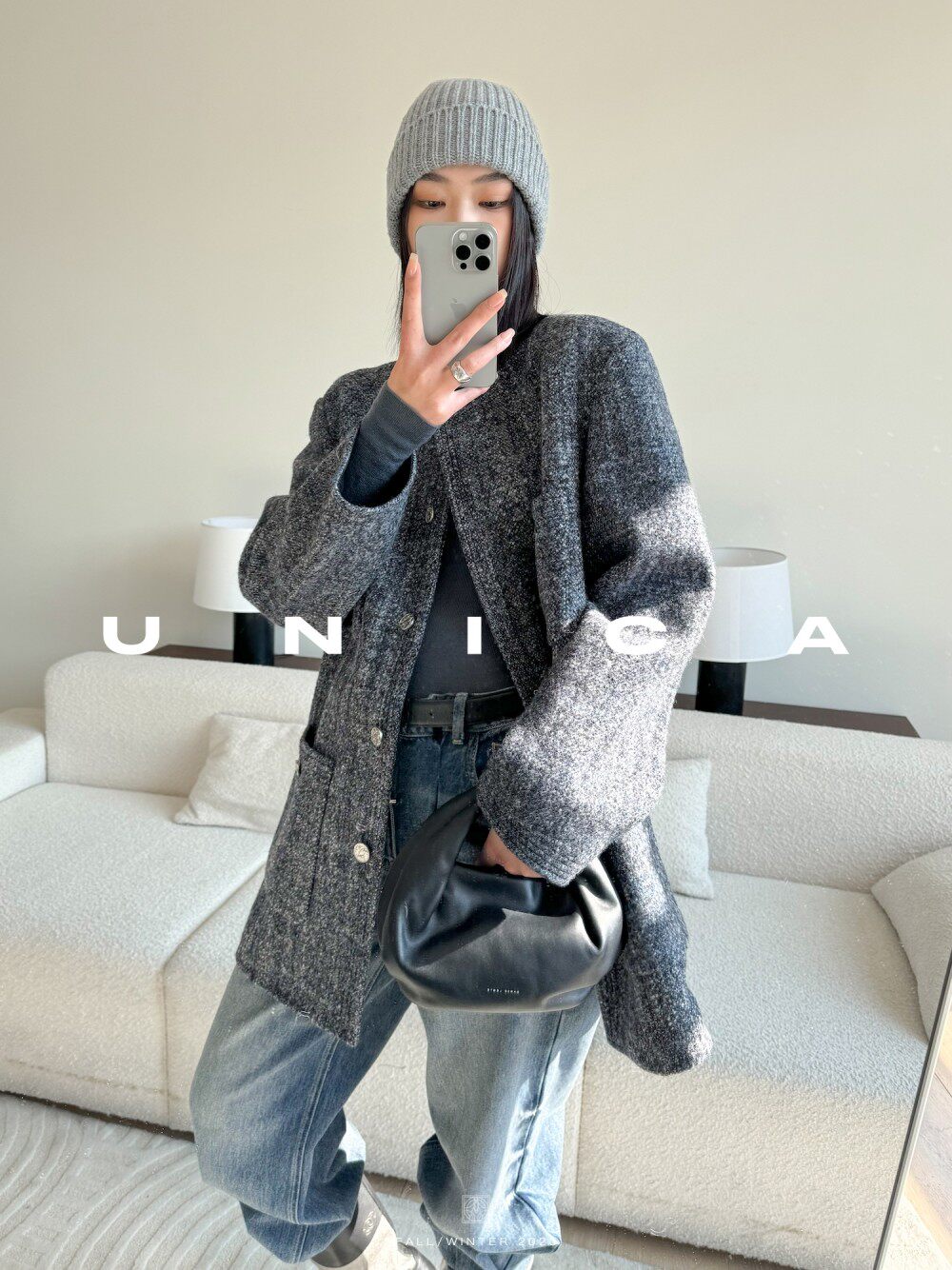 UNICA/简约复古压线钱币扣_意大利进混色彩点羊毛粗花呢香风外套