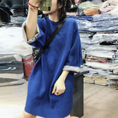 CP蓝色中长款 宽松圆领外套潮上衣休闲外衣 韩版 卫衣女春秋薄款 时尚