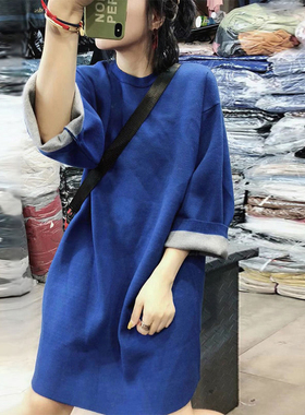 CP蓝色中长款卫衣女春秋薄款时尚韩版宽松圆领外套潮上衣休闲外衣