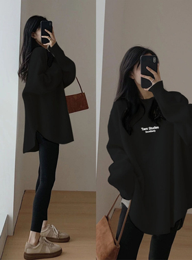 长袖德绒打底内搭秋季新款加厚宽松遮屁股韩系慵懒松弛感字母上衣