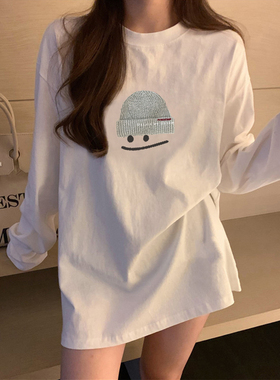 CP 白色纯棉打底衫长袖T恤女2025秋冬新款宽松百搭加厚打底衫上衣