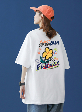 夏季纯棉白色短袖t恤女2026新款高中生大码宽松情侣卡通印花上衣