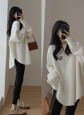 2025秋冬新款双面德绒加厚宽松白色长袖t恤女中长款遮屁股打底衫