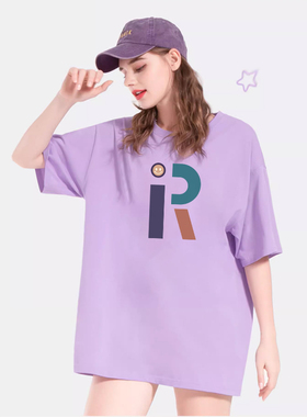 原创R潮牌紫色短袖T恤女宽松中长款大码圆领纯棉百搭半袖体恤上衣
