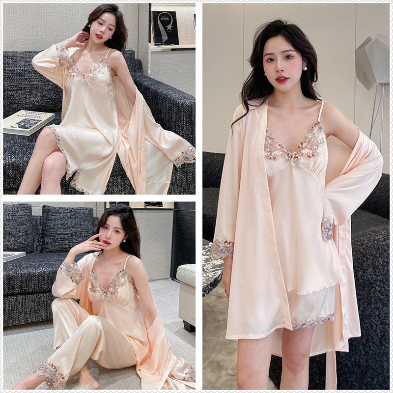 冰丝睡衣女夏季新款性感蕾丝吊带睡袍五件套带胸垫网红大码家居服