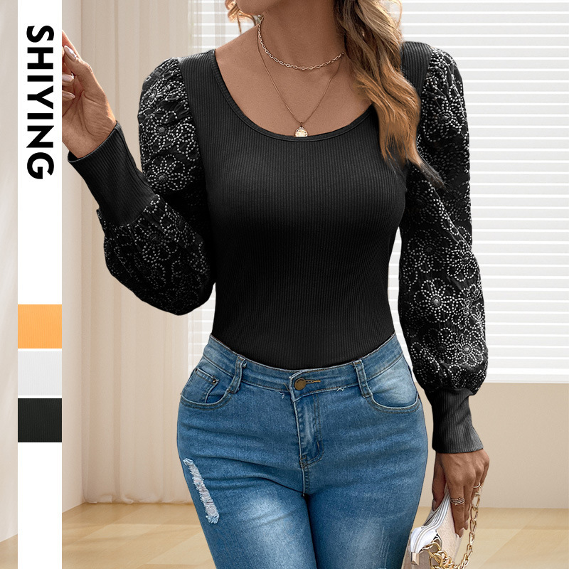 简约风通勤风纯色套头针织衫女秋季新款蕾丝花边拼接袖上衣