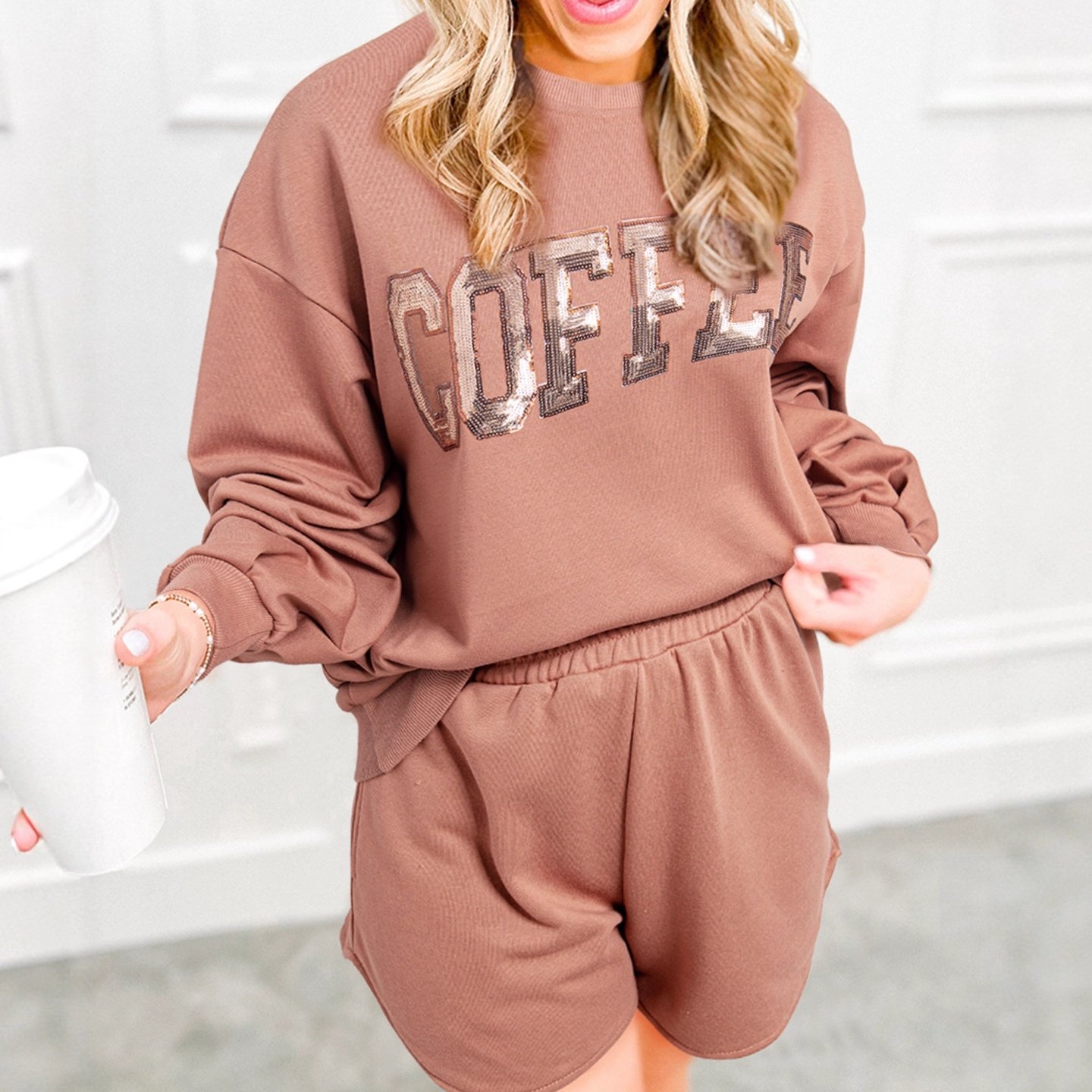 亮片休闲套装女士宽松针织长袖短裤两件套欧美跨境女装新款,模玩/动漫/周边/娃圈三坑/桌游,Cosplay女装/cos女装,淘宝优惠券,粉丝福利购,淘宝优惠卷