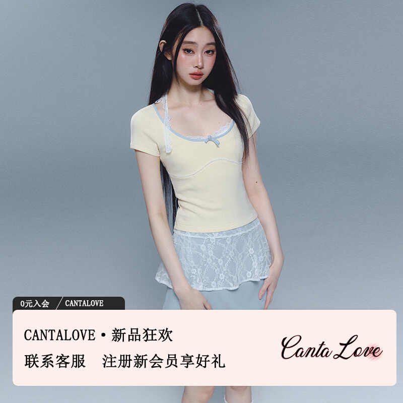 CANTA LOVE原创蕾丝拼接撞色设计感圆领短袖T恤纯欲修身小上衣女