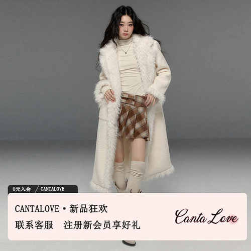 CANTA LOVE原创设计白色软糯长毛呢大衣冬季宽松中长款保暖外套