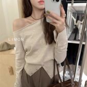 女早秋开叉小 打底针织衫 一折专区 MAMMJUDX绝美露肩一字领长袖