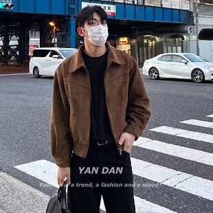 【一折专区】MAMMJUDX秋冬季韩国男装短款宽松翻领拉链麂皮绒面飞