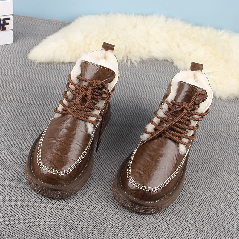 防水雪地靴男款皮毛一体冬牛皮纯羊毛系带防滑棉鞋加绒保暖马丁靴