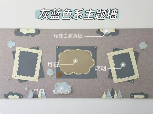 灰蓝色主题墙幼儿园墙面装饰源精选月石炊烟星月莫兰迪蓝色系纸