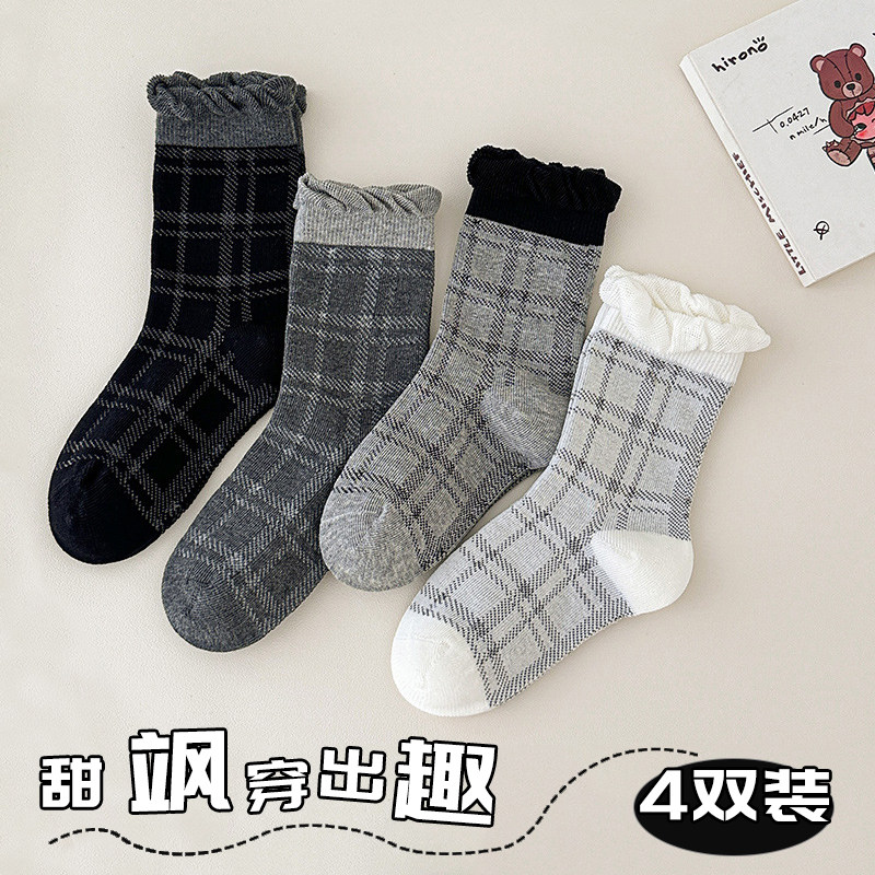 女童袜子秋冬季中筒袜儿童韩系甜美复古格子中大童女孩花边公主袜
