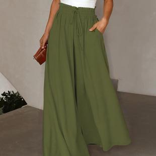 color pants solid high drawstring casual waist wide loose