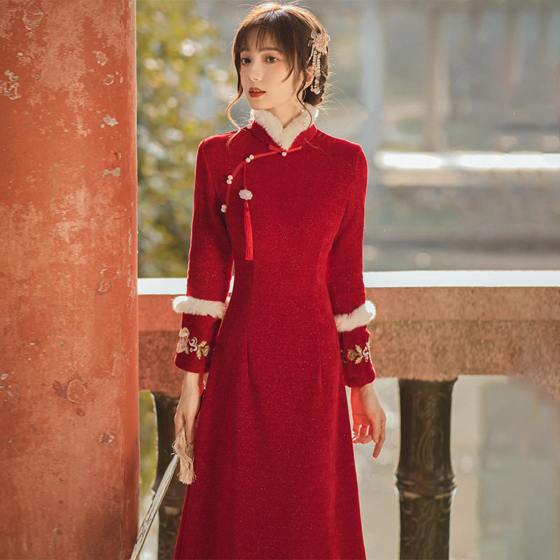 新年战袍春款女装新款改良旗袍连衣裙中国风礼服轻奢小众高端唐装