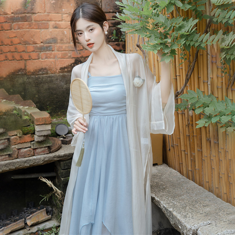 新中式改良汉服女夏季2023年新款广袖流仙裙国风汉元素吊带连衣裙