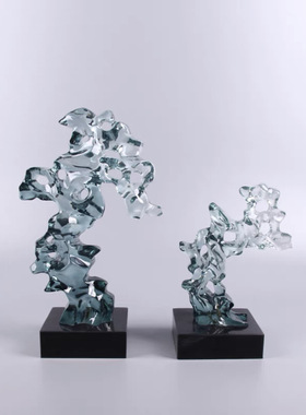 新中式创意透明太湖石雕塑摆件样板间售楼部书房办公桌酒柜摆设品