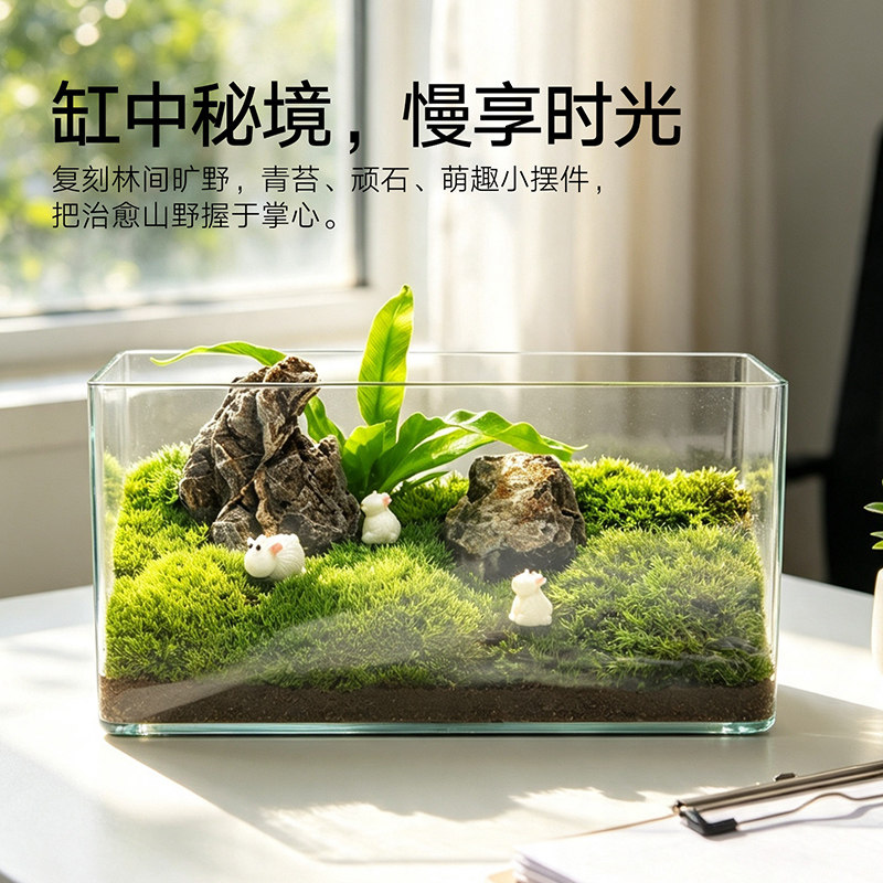 山里花木苔藓微景观生态造景桌面摆件方寸见清宁PET缸装饰材料包