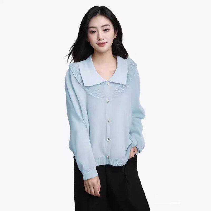 秋冬季新款时尚娃娃领拼接长袖雷丝针织衫女装茶歇法式纯色上衣女