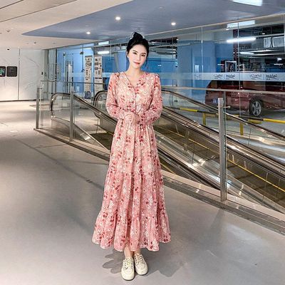 2024新款法式大码女装长袖雪纺v领连衣裙秋季收腰显瘦碎花长裙子