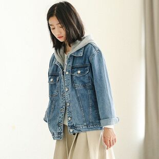 2025春夏新韩版慵懒BF学院风做旧水洗连帽牛仔短外套女潮