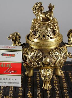 仿古古玩铜器收藏仿古纯铜双龙戏珠香炉大明宣德年制铜香炉摆件