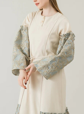 idem 精致复古提花拼接圆领长款长袖连衣裙