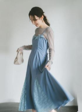 idem雾蓝精致吊带连衣裙+长袖透明感打底法式气质收腰长裙子套装