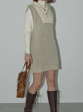 idem·2025新款显瘦半拉链竖条纹双色针织连衣裙