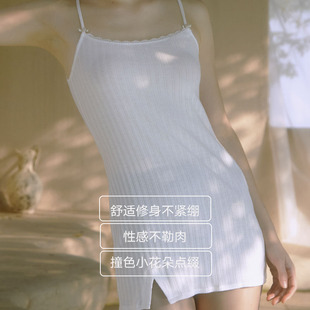 COUNANA蕾丝边打底吊带睡衣修身 针织弹力罗纹短裙秋冬睡衣连衣裙