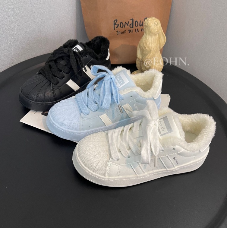 BE6820加绒冬季新贝壳头低帮小白鞋韩系休闲百搭板鞋女