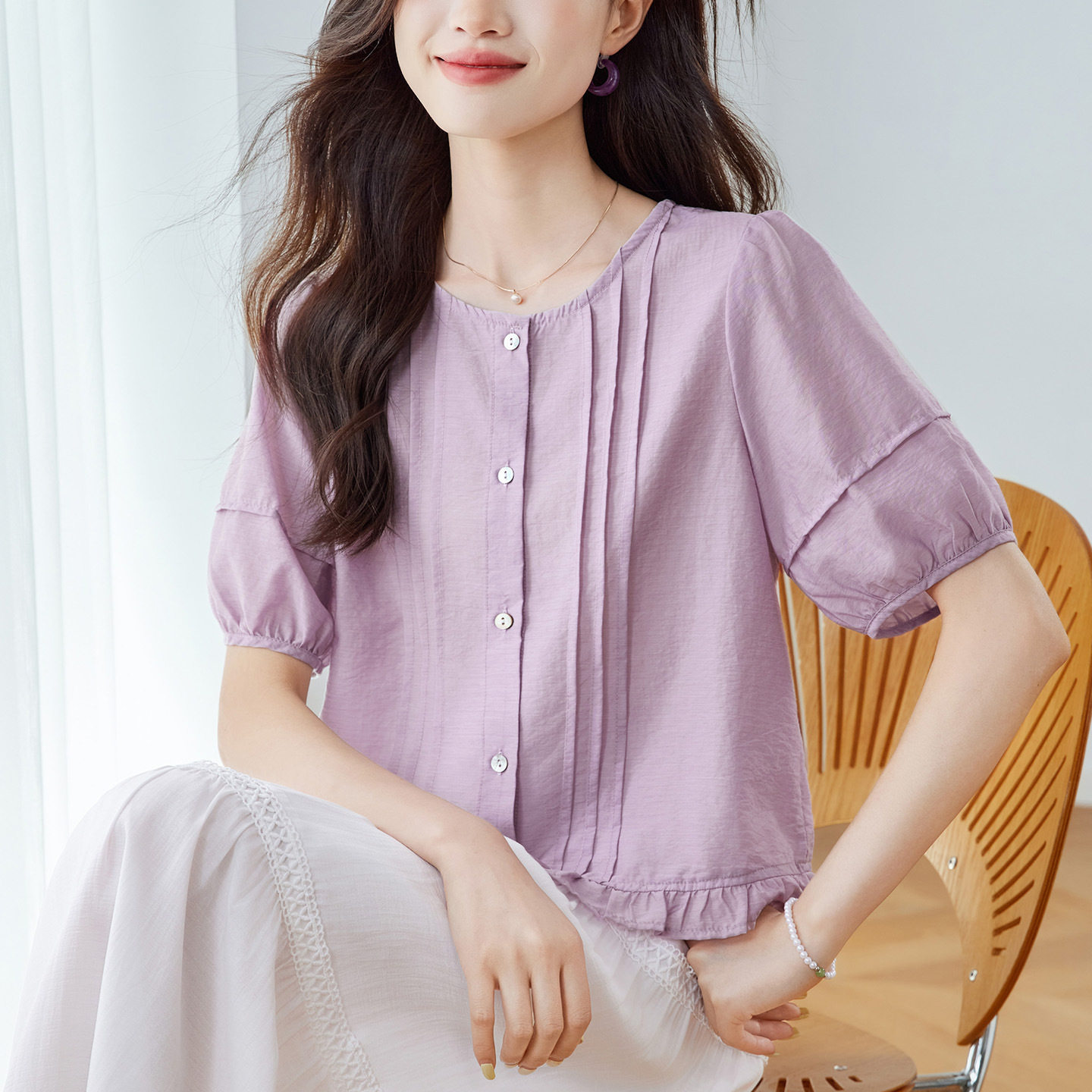 棉茧 2026夏季新款韩版时尚圆领拼接花边短袖衬衫女宽松显瘦上衣