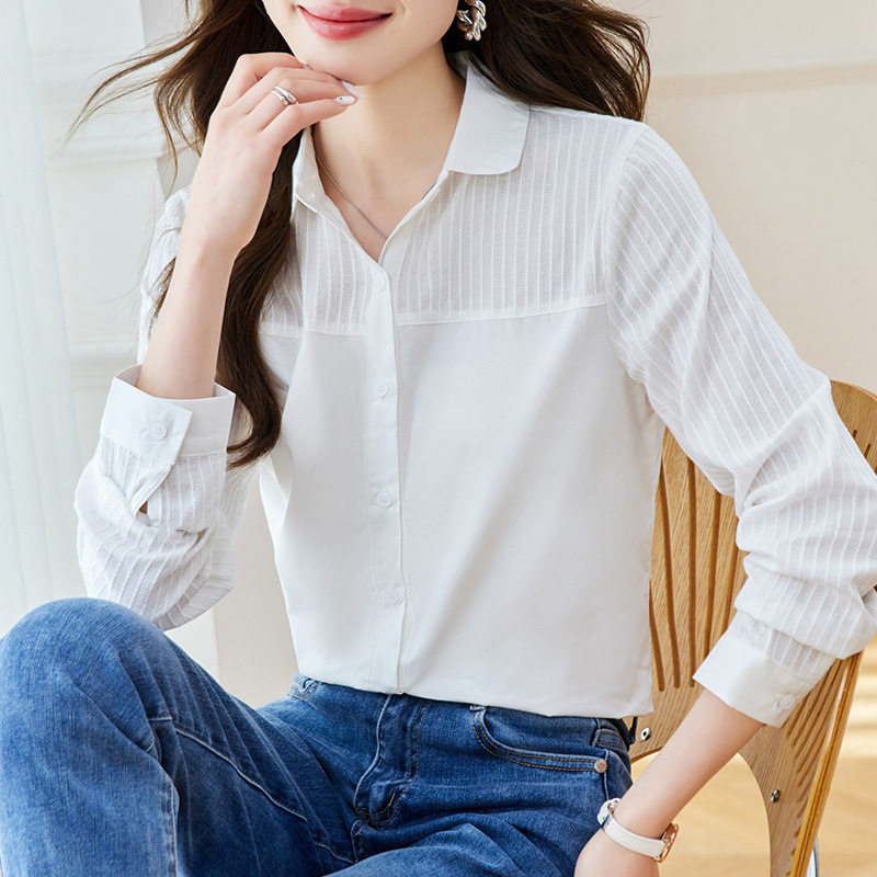 棉茧 白衬衫女长袖2026春秋新款纯棉拼接上衣修身显瘦通勤衬衣